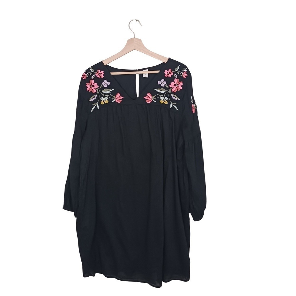 Old Navy Embroidered Shift Dress Womens XL Black Floral Long Sleeve Lined